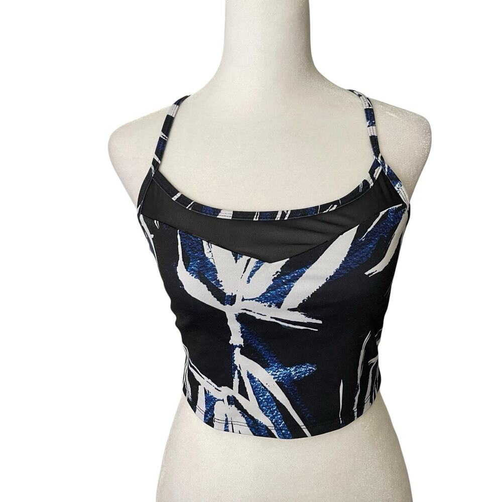 Fabletics Womens Small Sports Bra YBack Black Blue White Print Mesh Detail